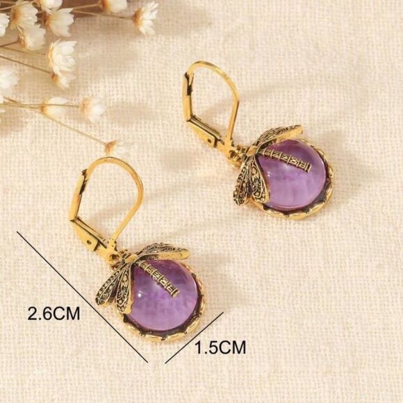 Vintage Style Antique Gold Overlay Dragonfly Purple Crystal Gem Dangle Earrings - Picture 3 of 7